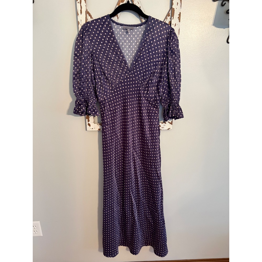 Anthropologie Conditions Apply V-Neck Maxi Dress Satin Polka Dots Size Petite‎ S